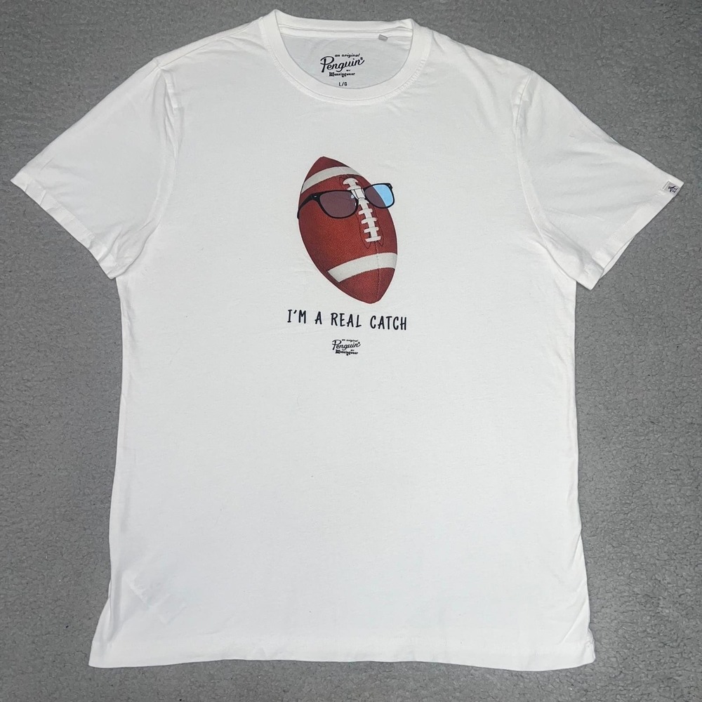 Original Penguin I'm A Real Catch T‎ Shirt Men's Sz L White Football Glasses Tee